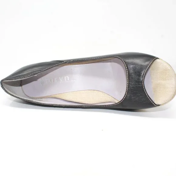 Taryn by Taryn Rose Size 9 Black Leather Linen Platform Wedge Peep Toe Heels - Picture 7 of 11